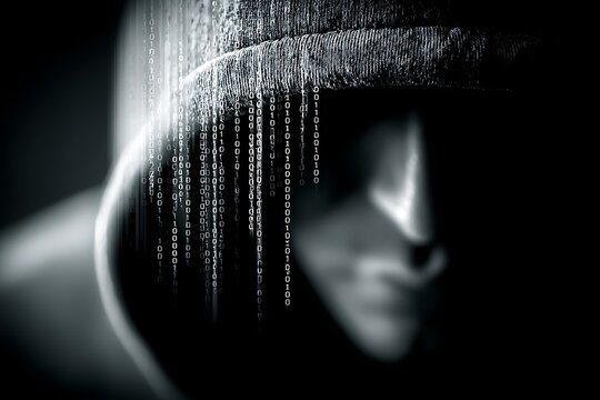 Close-up of a person wearing a hood with digital binary code rain effect on face in black and white