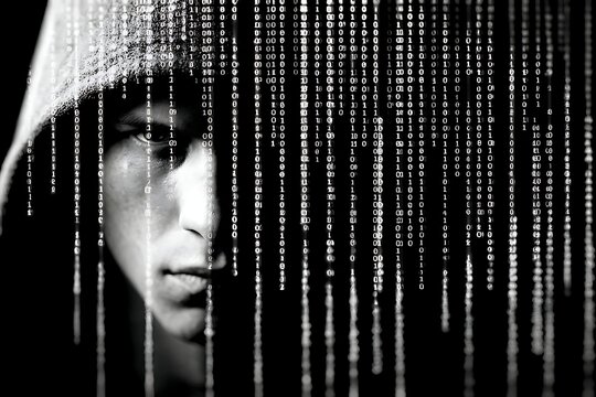 Woman peering through digital rain of binary code, cyber security, and technology theme, black and white image for hacking or digital data concept