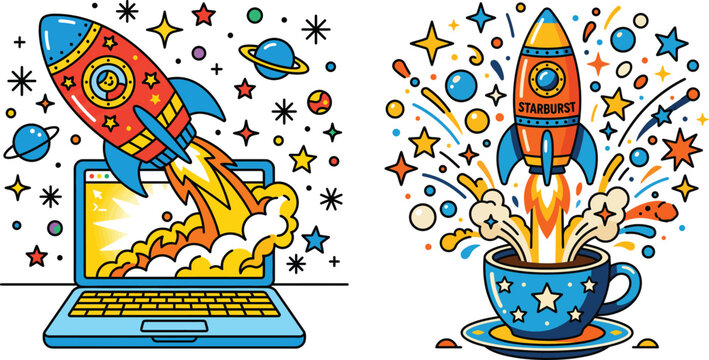Colorful cartoon rockets launching from laptop and coffee cup