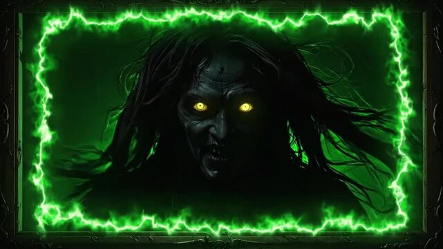 A dark portrait of a mysterious figure framed by green energy