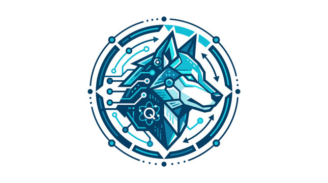 Stylized wolf head circuit board logo in circular network