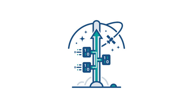 Tech arrow icon with binary code and orbital rings.