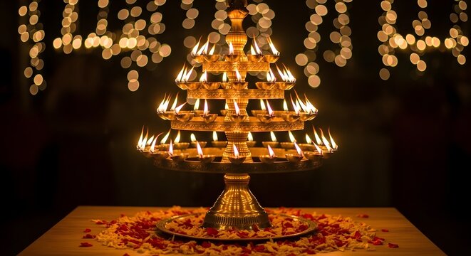 Traditional tiered brass oil lamp diya stand decorated with flower petals for diwali festival celebration