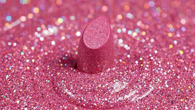 A vibrant pink lipstick emerging from sparkling glitter.
