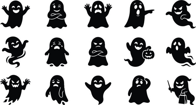 halloween ghost vector set featuring of unique silhouettes of ghost designs. Perfect for Halloween, this set includes traditional and abstract ghost.