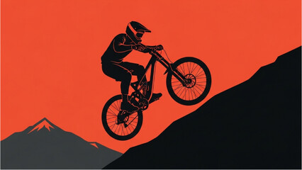 Mountain biker performs aerial stunt on rugged terrain at sunset © Stock Image Paradise