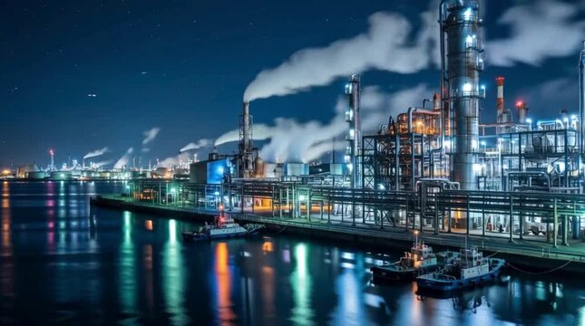 幻想的な工場夜景と水面の反射（北九州臨海工業地帯）