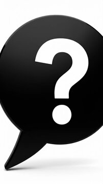 Black speech bubble with white question mark symbol.
