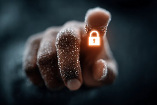 Close-up of a hand with frosty skin pointing at a glowing padlock symbol on dark background