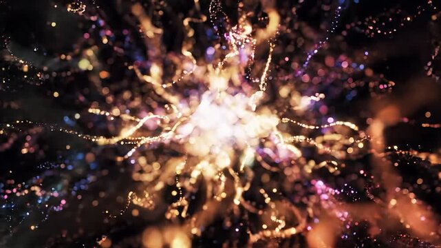 A vibrant abstract composition of swirling colors and glowing particles.