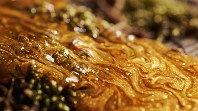 Macro shot of golden amber resin with natural textures and colors.