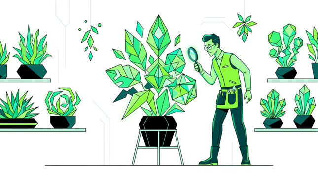 A dedicated botanist examining a rare crystal plant with a magnifying glass in a studio.
