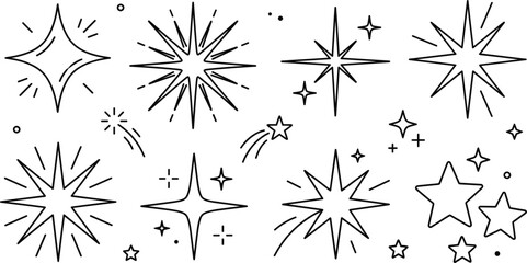 Sparkle star doodle line icon set with twinkling magic bursts cosmic shine elements and shooting stars vector illustration © MD