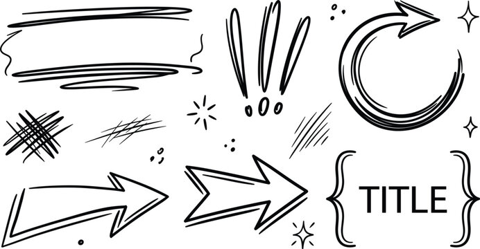 Hand drawn highlight underline arrow doodle set with circular loop brackets frame label and abstract crosshatch scribble vector