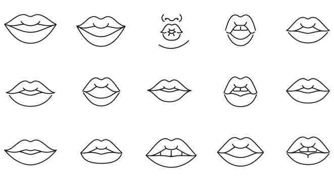 Line art depictions of lips and a smiling face on a white background