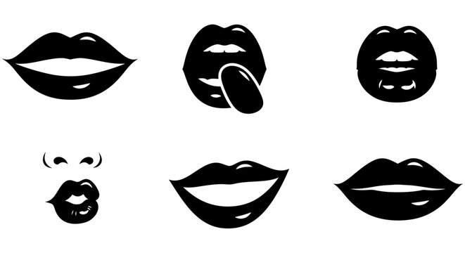 Black Silhouette Of Lips In Various Expressions Minimalist Design mouth