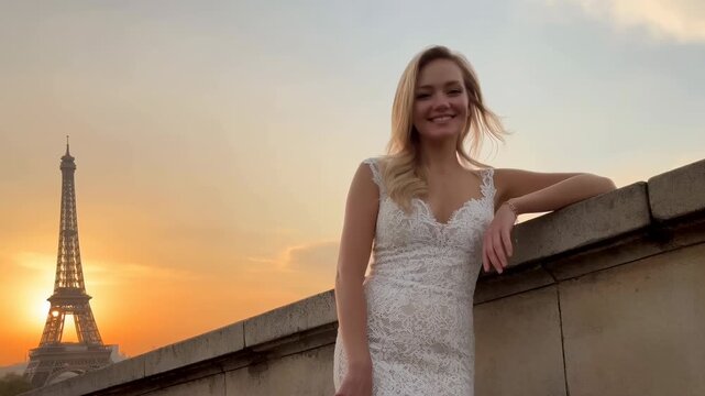 woman standing on a bridge with arms crossed, smiling at sunset over the iconic eiffel tower in paris, a happy and serene travel moment in france with concrete and metal structures.
