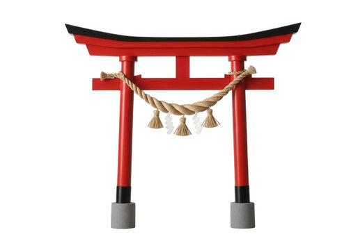 Traditional red japanese torii gate with straw rope decoration for religious temple entrance isolated on white background isolated on transparent background