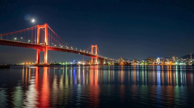ライトアップされた赤い吊り橋と美しく輝く夜景と海面のリフレクション