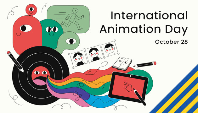 International Animation Day, colorful illustration, animation icons, October 28