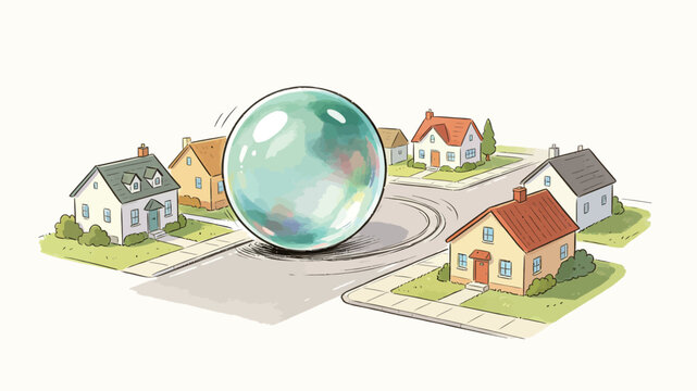 A giant glossy bubble rolling through a quaint suburban neighborhood, knocking over houses on a sunny day, whimsical and surreal cartoon style with soft pastel colors.