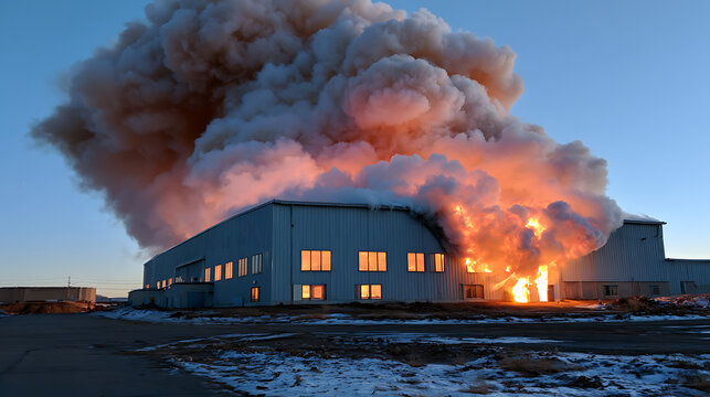 dramatic industrial fire explosion with dark smoke cloud over factory building