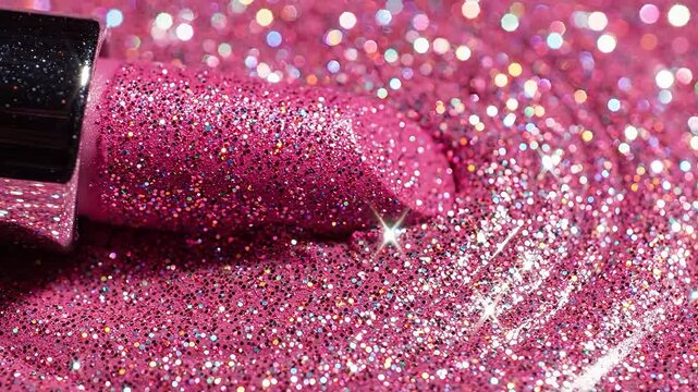 Bright pink glitter lipstick on a sparkling surface.