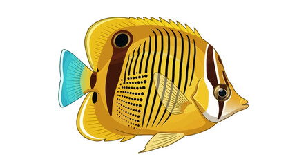 A vibrant butterflyfish swims near the coral reef in the ocean with yellow fins and stripes. © John