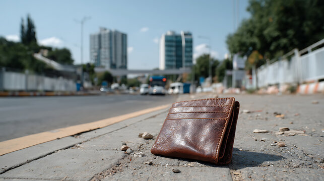 lost personal wallet found on empty sidewalk road with city buildings background