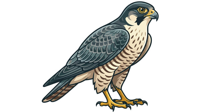 A detailed illustration of a standing falcon bird with sharp talons facing right