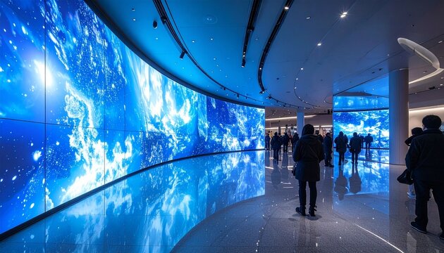 Massive curved digital screen wall with blue visuals, immersive modern interior, reflective flooring, people observing futuristic high-tech installation.