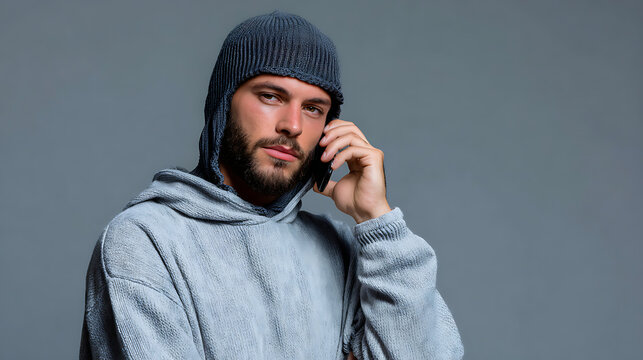young man wearing cap and hoodie talking on mobile phone outdoor portrait