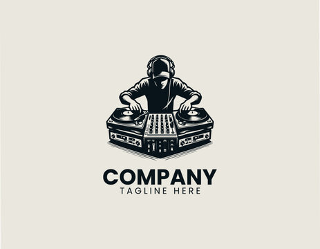 Professional DJ mixing on turntables black vector logo illustration style