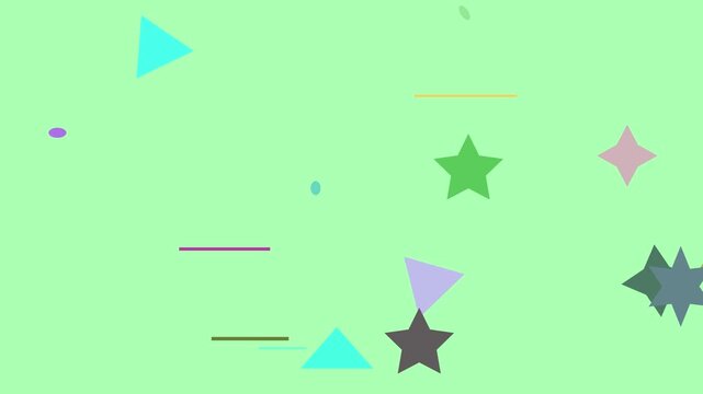 Animated geometric shapes dance across a pastel green backdrop with subtle horizontal lines during a gentle fade