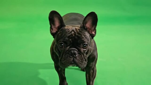 A small brindle dog standing against a solid green background