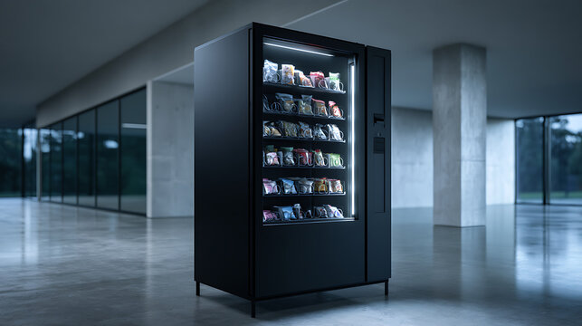 modern black vending machine with illuminated display standing in empty commercial space