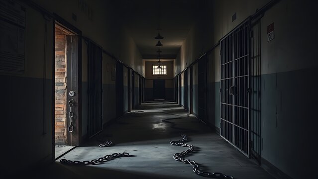 An empty prison corridor with open iron doors and chains on the floor.