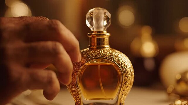 A luxurious perfume bottle elegantly held in a graceful hand.