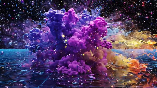 A vibrant explosion of colorful paint in an abstract digital artwork.