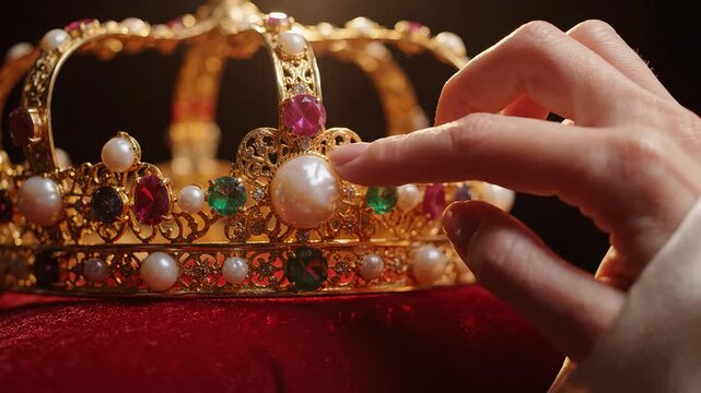A close-up of a hand adjusting a luxurious crown adorned with jewels.