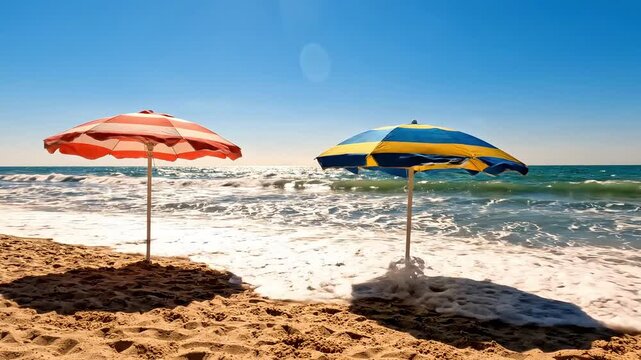 Two colorful umbrellas on a sunny beach with serene waves.