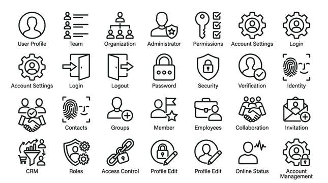 Modern User Management and Account Settings Line Icons Collection for Web and Mobile Interfaces, Isolated White Background