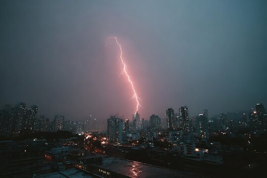 Dramatic lightning storm striking over a city skyline during nighttime with thunderstorm clouds in the sky