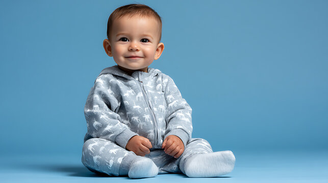 cute infant boy in cozy winter knitwear sitting happily on blue background with warm hat and sweater outfit