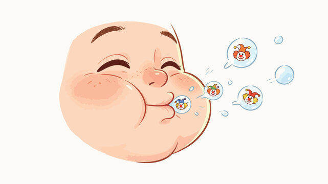 A joyful cartoon baby with chubby cheeks happily blows soap bubbles containing colorful clown faces, showcasing a whimsical and lighthearted mood through soft pastel colors and playful composition.