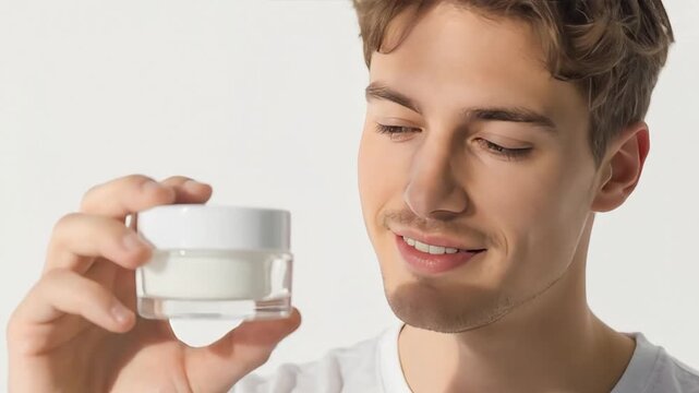 A smiling man holding a skincare product in a bright setting.