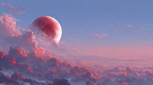 Dreamlike fantasy sky with a glowing red moon rising above dramatic pink clouds. Ethereal celestial landscape with soft pastel light, stars and surreal atmospheric scenery.