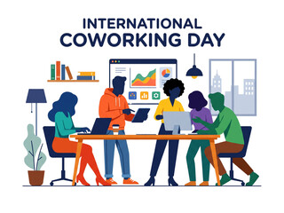 Naklejka premium Diverse Business Professionals Working Together in Modern Shared Workspace for International Coworking Day Transparent Background Vector Illustration