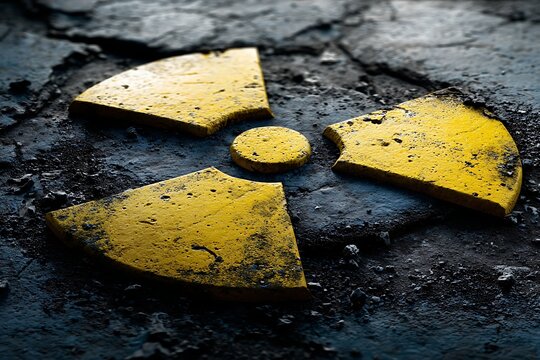 Cracked yellow radioactive symbol on dark ash-filled surface conveying danger hazard or toxicity concept