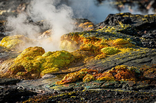 Close-Up of Colorful Sulfur Deposits Around Active Volcanic Steam Vents